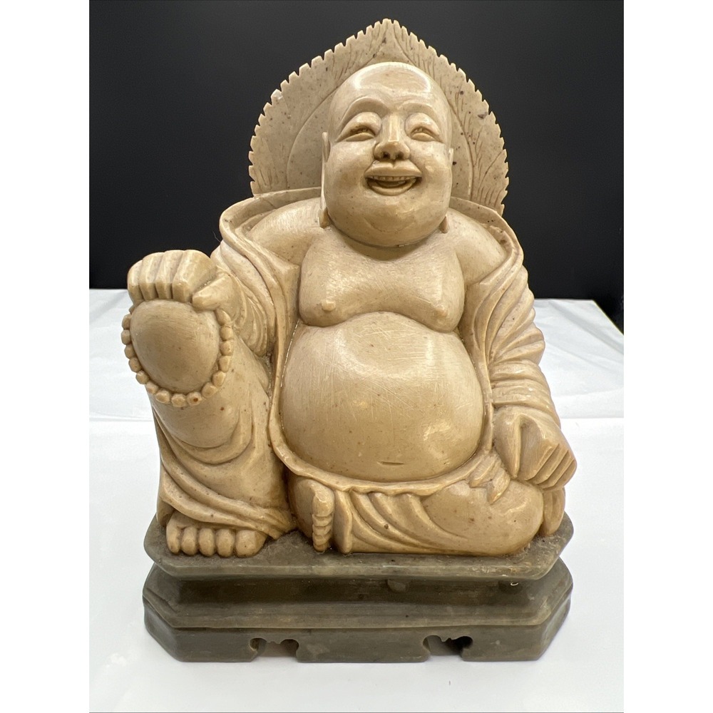 Vintage Carved Stone Laughing Buddha Statue Budai on Resin Base 5.5" x 4.5"‎